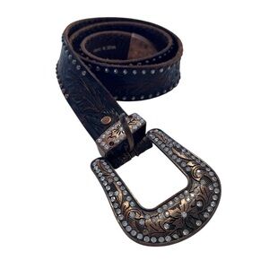 Embellished Brown Leather Western Belt with Crystal Buckle